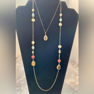 17 inch Multi chain antique gold tone necklace with earth tone gemstones.